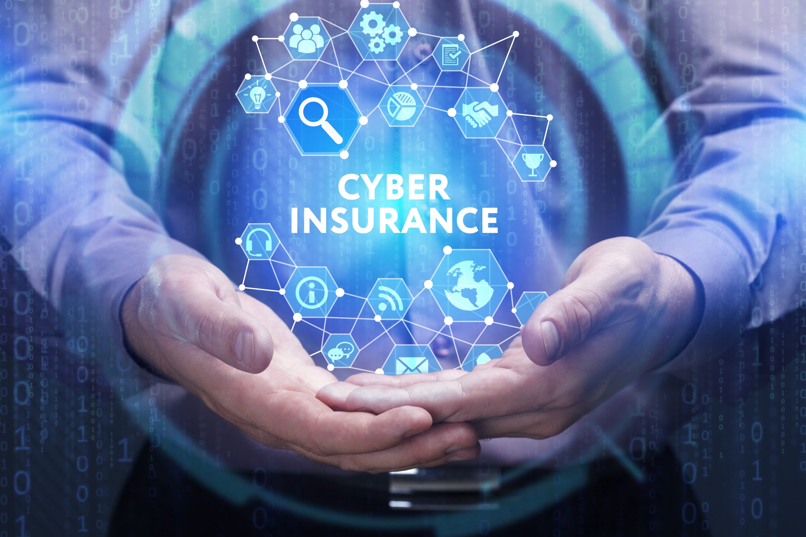 Digitally enhanced photo of a man cupping his hands and an illustration of a network node map on top with the words "cyber insurance."