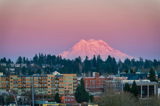 Olympia, Washington business district landscape with mountains.